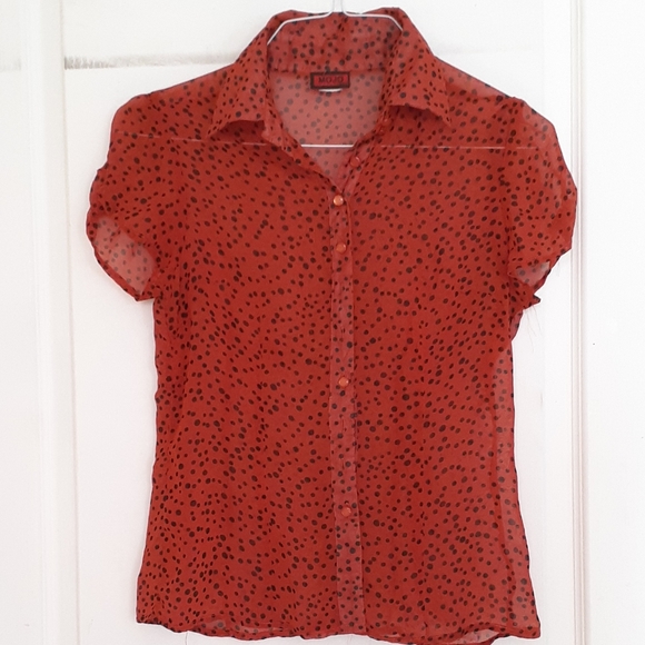 Moss Red Sheer Blouse with Black Polka Dots - Picture 5 of 5